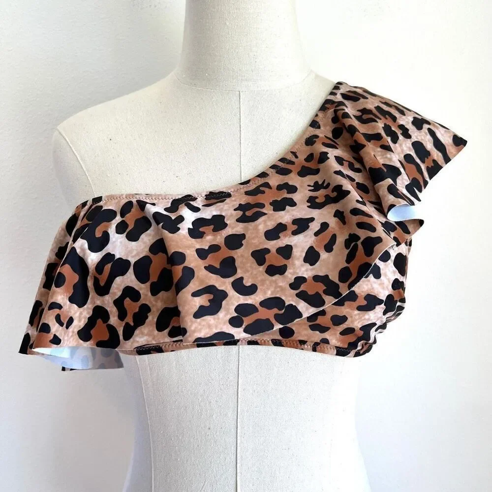 Cheetah Leopard Print One Shoulder Ruffled Bikini Swimsuit Top Size M